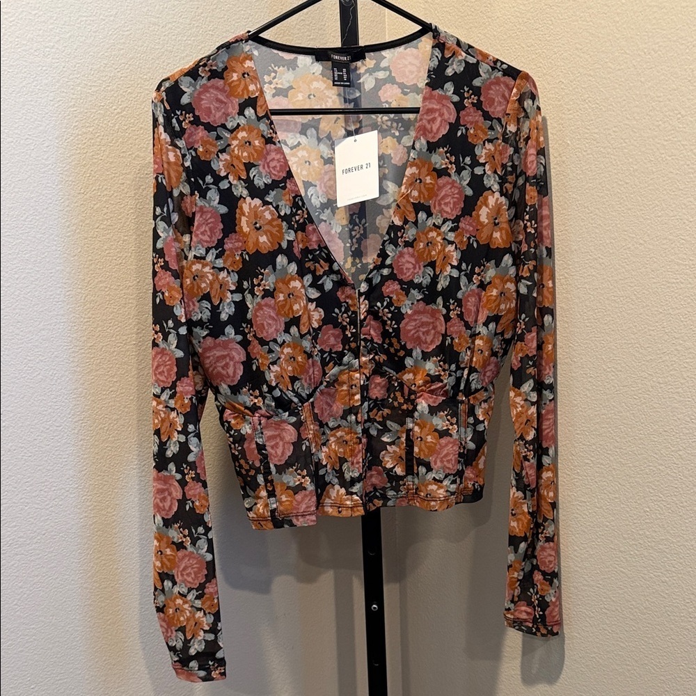 Forever 21 Floral sheer V-Neck Blouse - Black and Orange - Picture 1 of 4